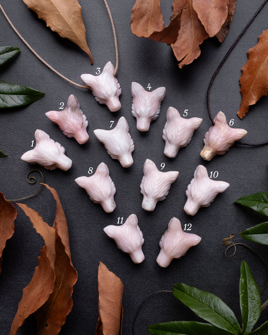 Small Peruvian Pink Opal Hand Carved Wolf Necklace