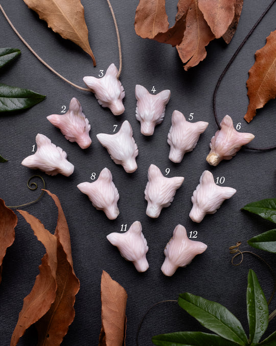 Small Peruvian Pink Opal Hand Carved Wolf Necklace