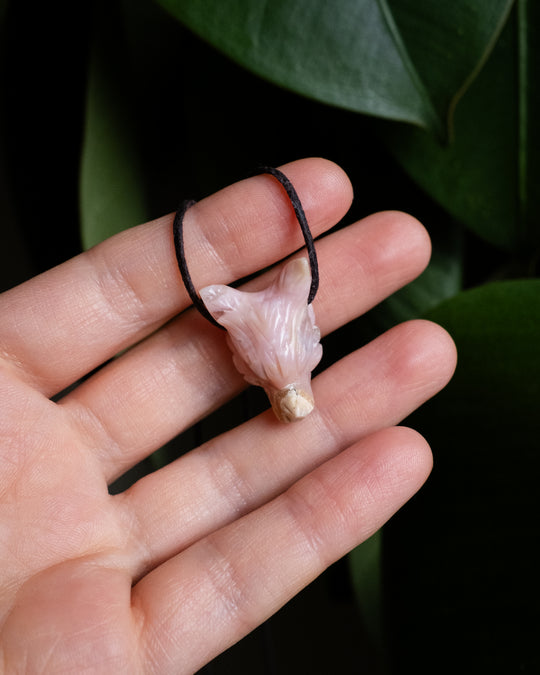 Small Peruvian Pink Opal Hand Carved Wolf Necklace