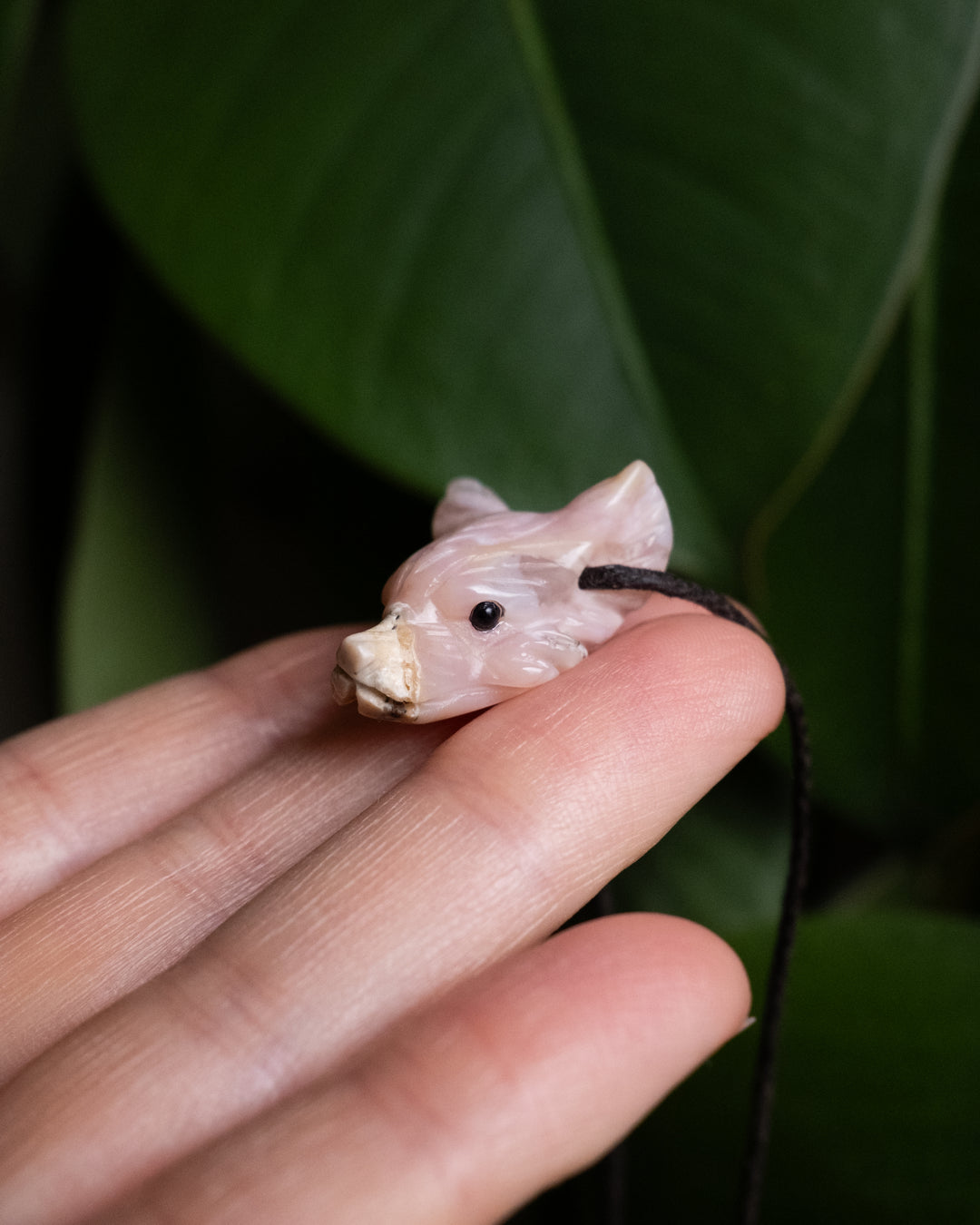 Small Peruvian Pink Opal Hand Carved Wolf Necklace