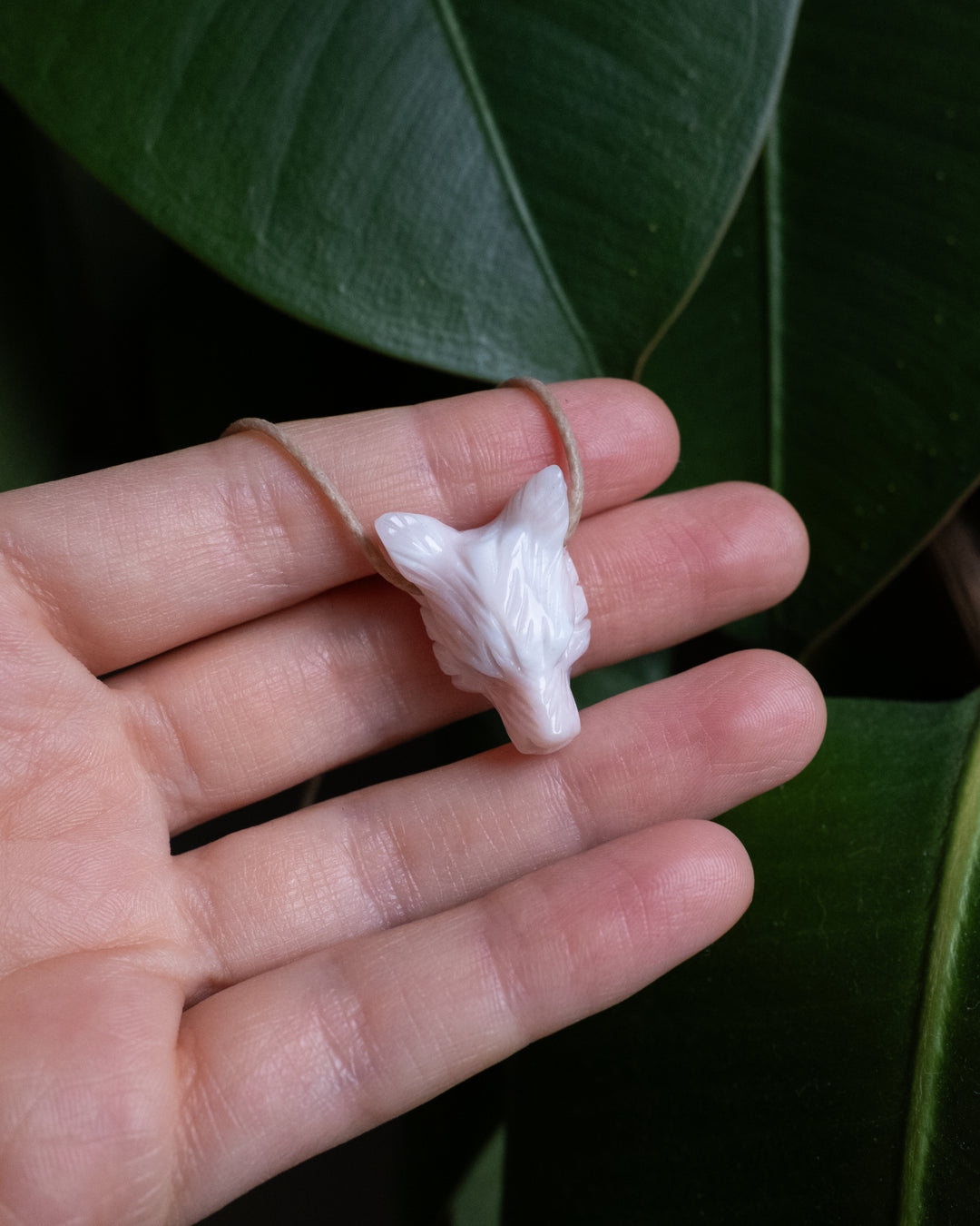 Small Peruvian Pink Opal Hand Carved Wolf Necklace