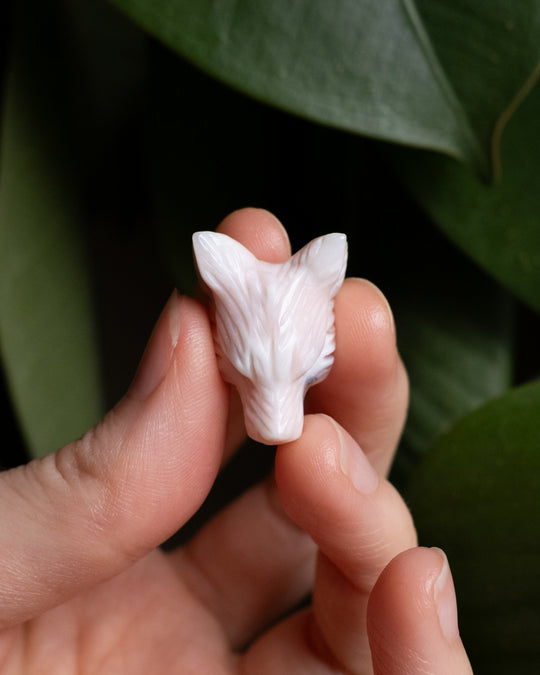 Small Peruvian Pink Opal Hand Carved Wolf Necklace