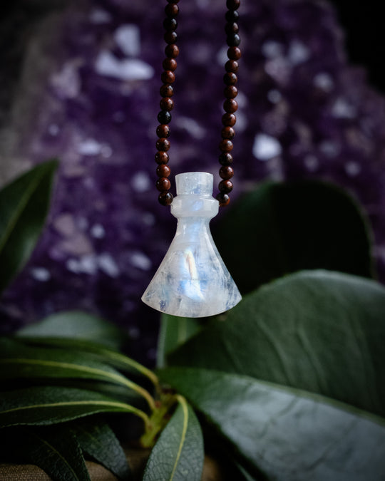 Potion for Cosmic Protection: Rainbow Moonstone & Mahogany Obsidian Beaded Necklace