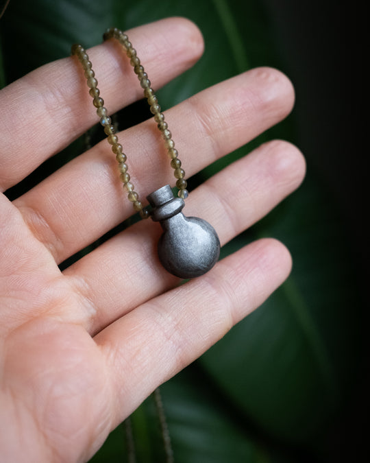 Potion for Grounded Insight: Silver Sheen Obsidian & Green Labradorite Beaded Necklace