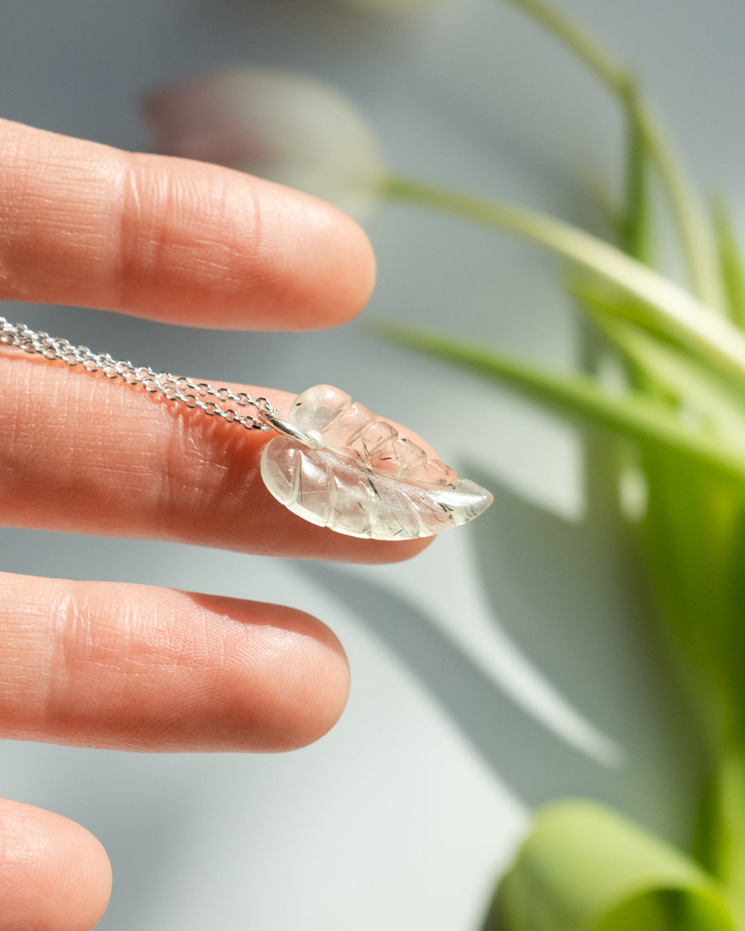 Prehnite Hand Carved Leaf Necklace - The Healing Pear