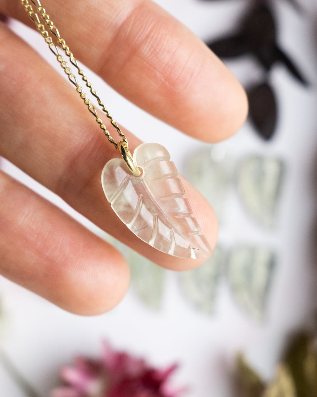 Prehnite Hand Carved Leaf Necklace - The Healing Pear
