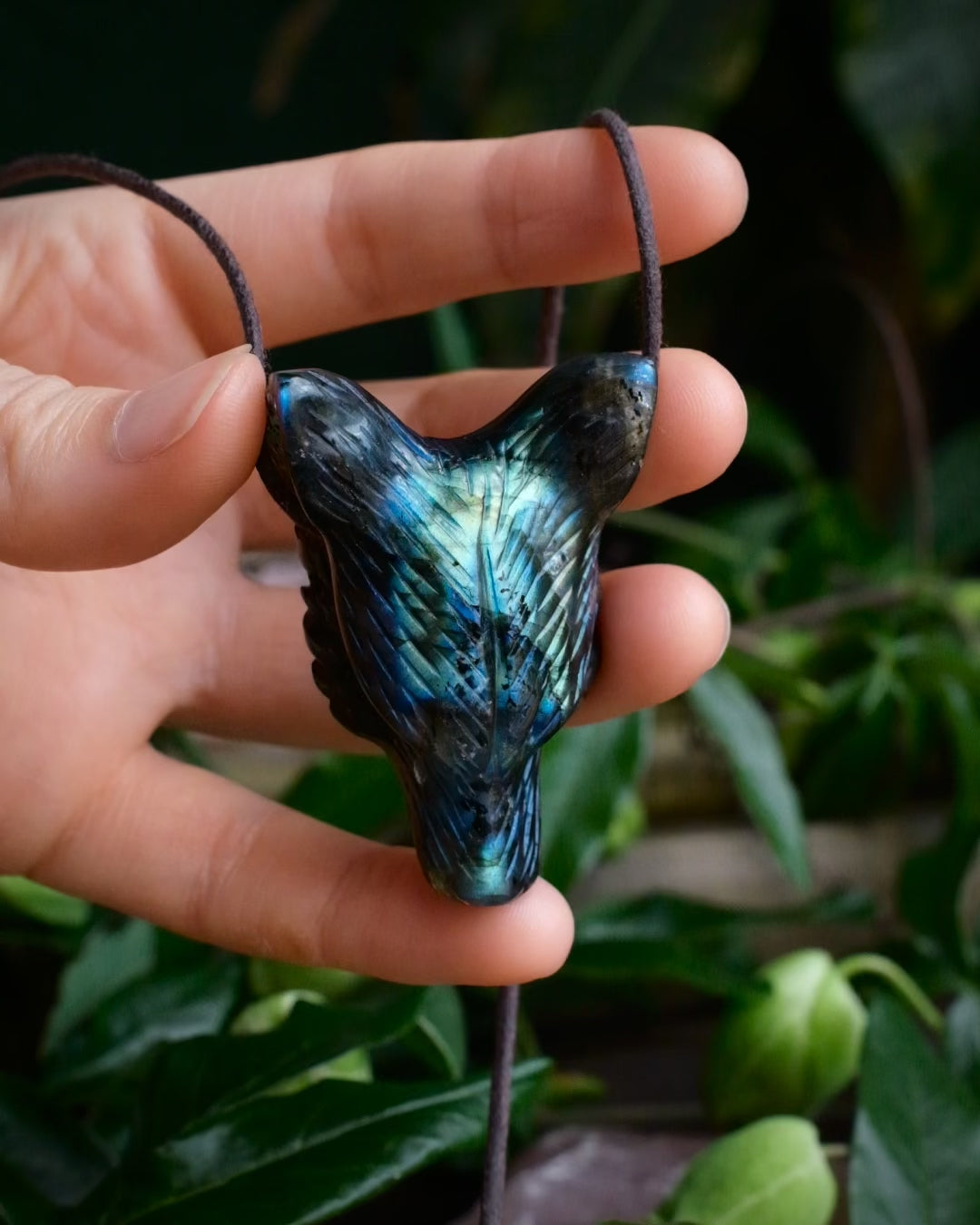 Large Labradorite Hand Carved Wolf Necklace