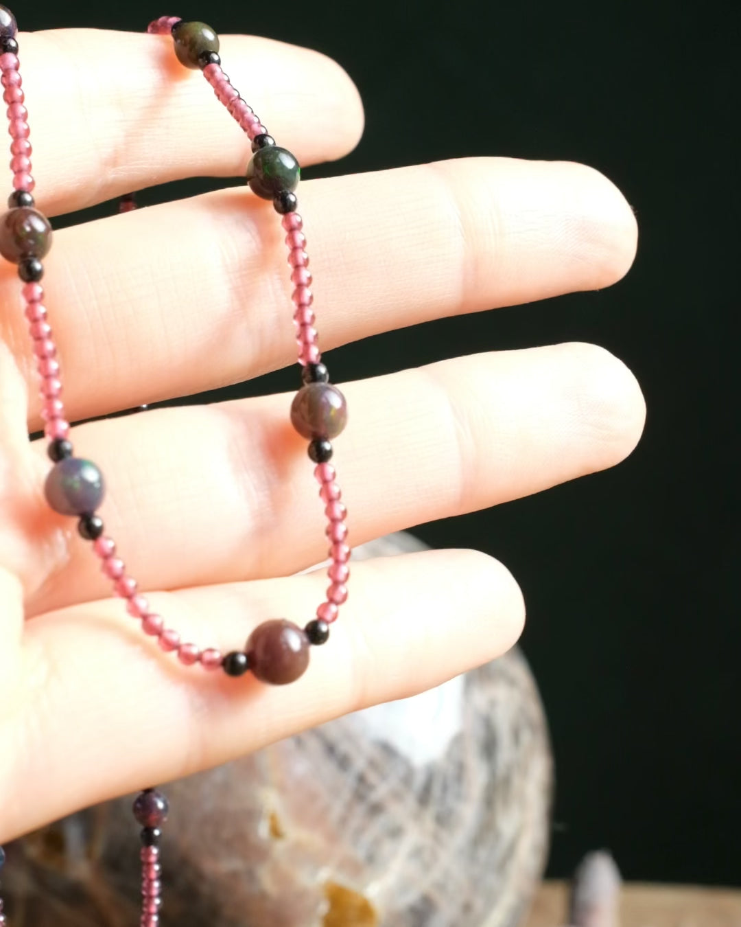 Black Opal, Garnet & Black Spinel 9ct Gold Beaded Satellite Necklace