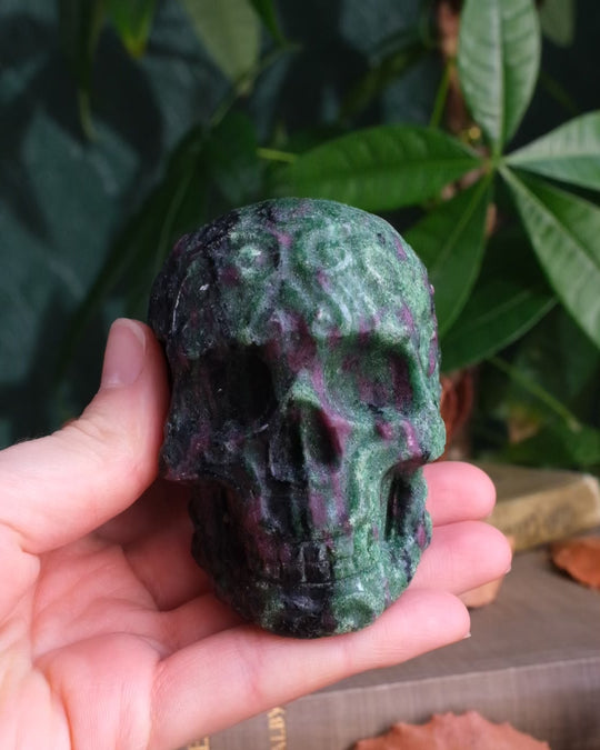 Ruby in Zoisite Ornamental Hand Carved Skull 475g - The Healing Pear