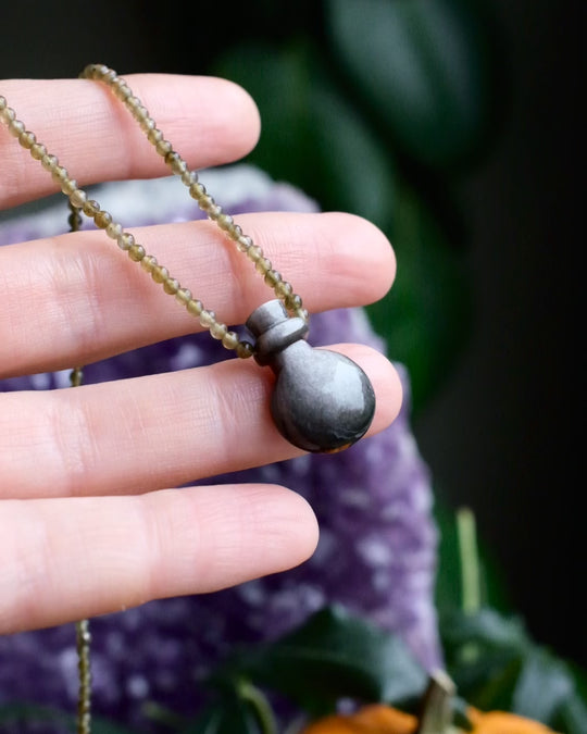 Potion for Grounded Insight: Silver Sheen Obsidian & Green Labradorite Beaded Necklace