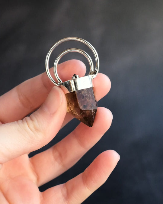 Natural Smoky Citrine &amp; Purple Amethyst Moon Bail Sterling Silver Necklace