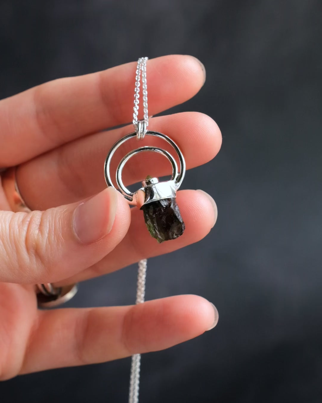 Raw Moldavite &amp; Peridot Moon Bail Sterling Silver Necklace