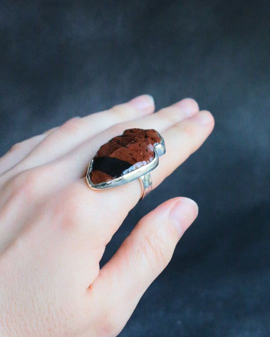 Mahogany Obsidian Arrowhead Ring in Sterling Silver - Size N UK / 6 1/2 US