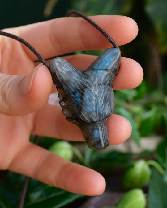 Labradorite Hand Carved Wolf Necklace
