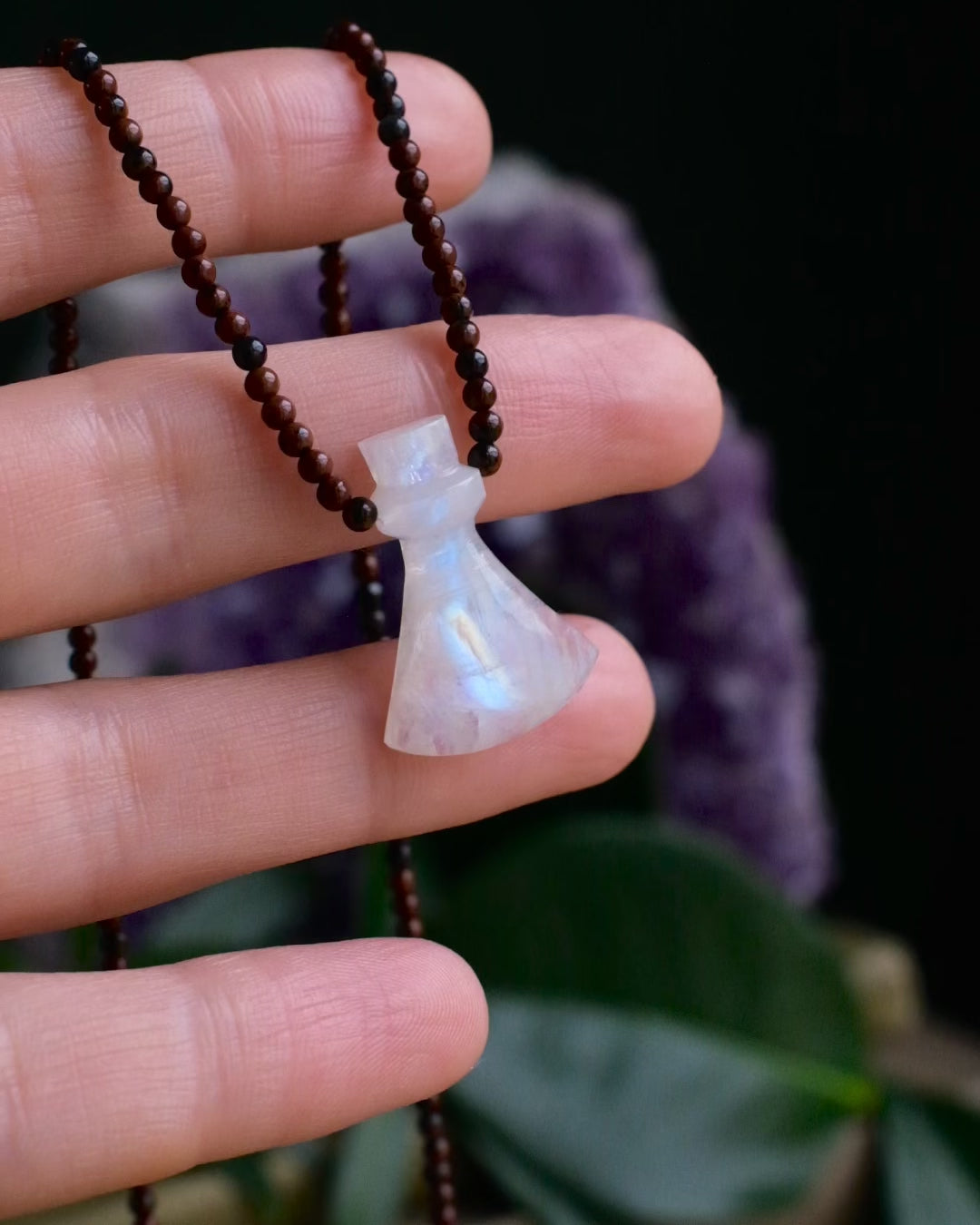 Potion for Cosmic Protection: Rainbow Moonstone & Mahogany Obsidian Beaded Necklace