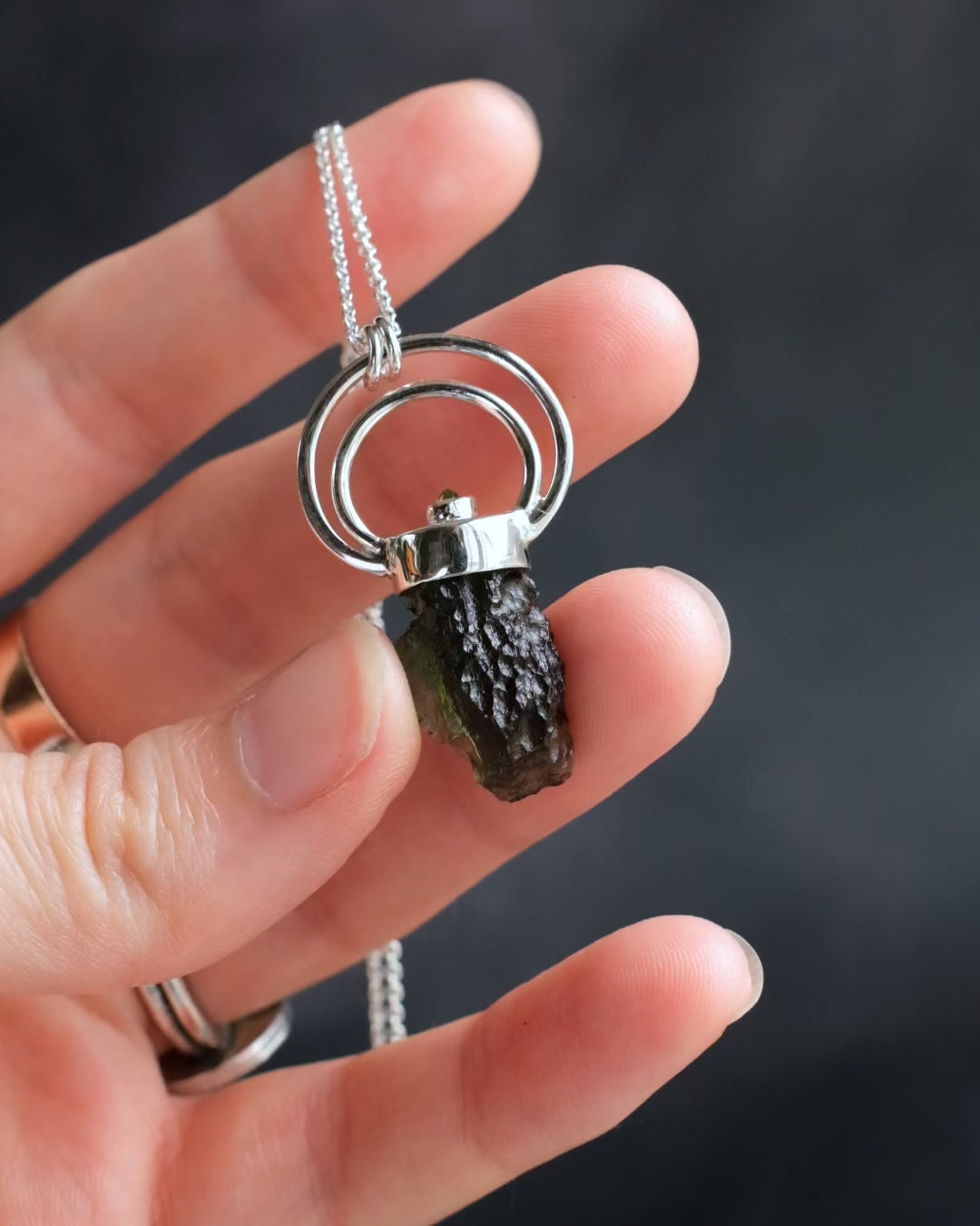 Raw Moldavite &amp; Peridot Moon Bail Sterling Silver Necklace