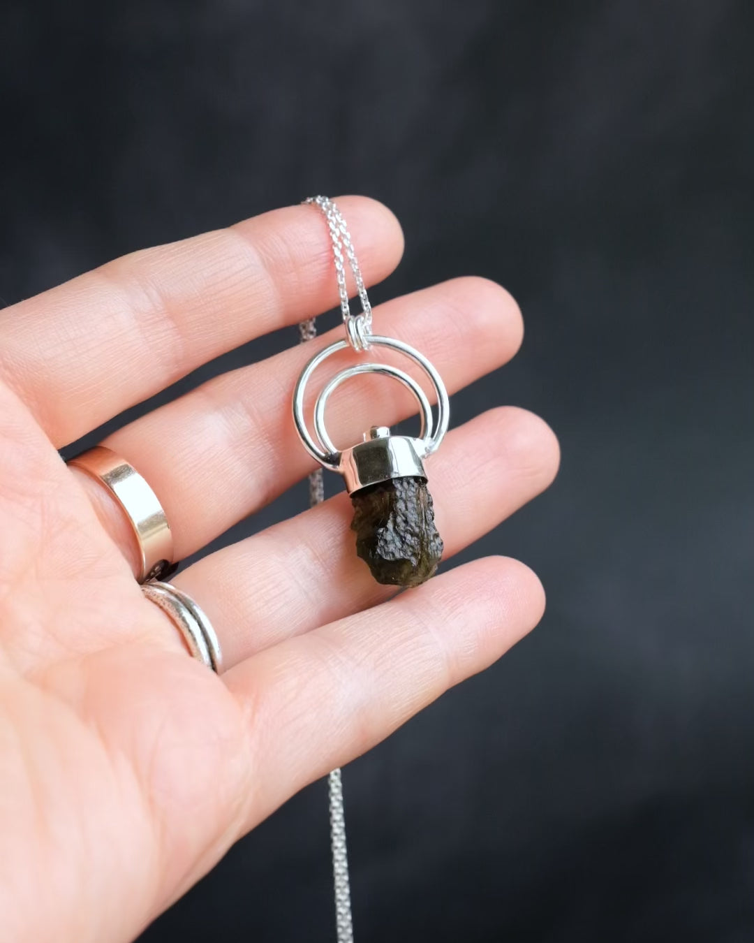 Raw Moldavite &amp; Peridot Moon Bail Sterling Silver Necklace