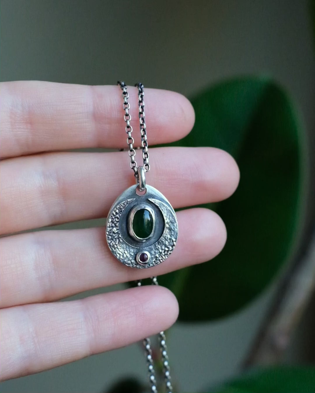 Nephrite Jade &amp; Ruby Moon Talisman Sterling Silver Necklace - The Healing Pear