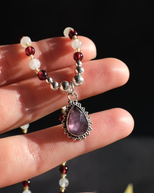 Pink Tourmaline, Moonstone, Garnet &amp; Natural Citrine Beaded Sterling Silver Necklace