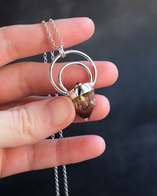 Natural Smoky Citrine &amp; Labradorite Moon Bail Sterling Silver Necklace