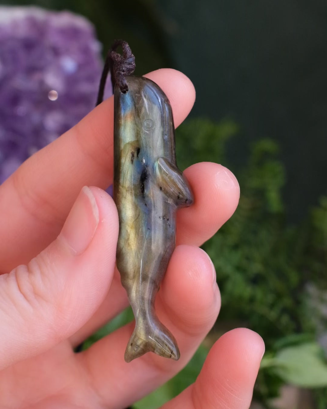 Labradorite Hand Carved Sperm Whale Necklace