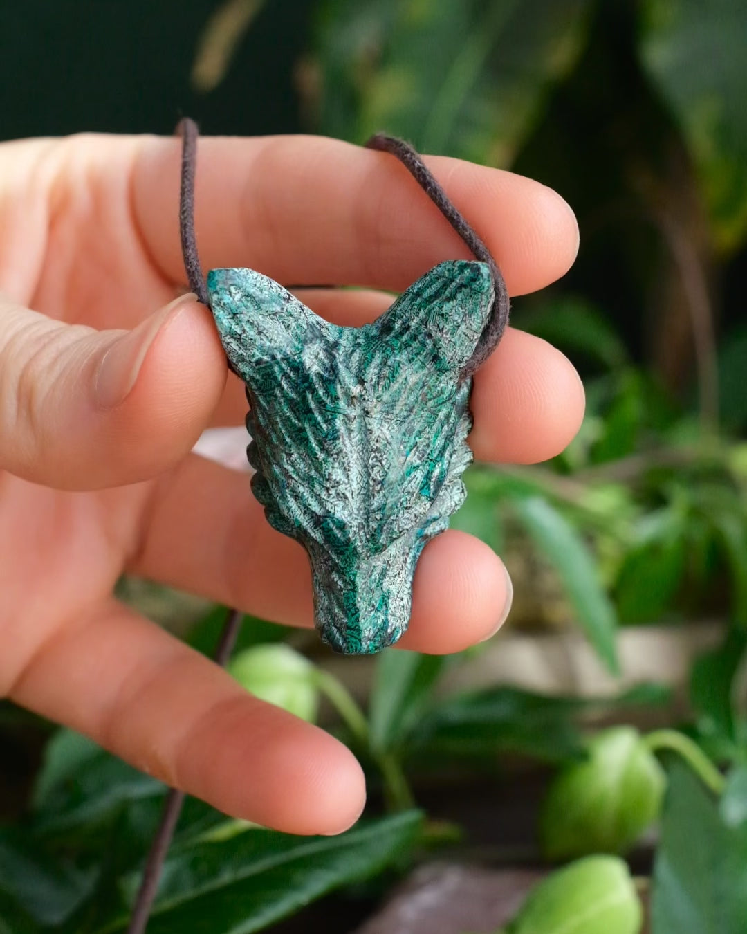 Rainbow Chrysocolla Hand Carved Wolf Necklace