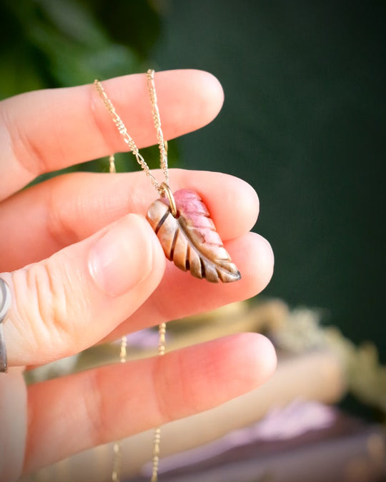Mixed Gemstone Hand Carved Leaf Necklace