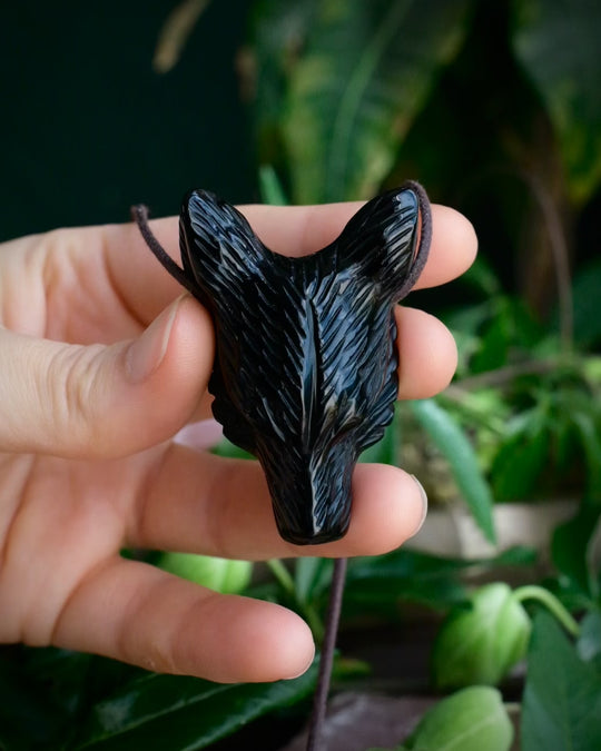 Large Obsidian Hand Carved Wolf Necklace