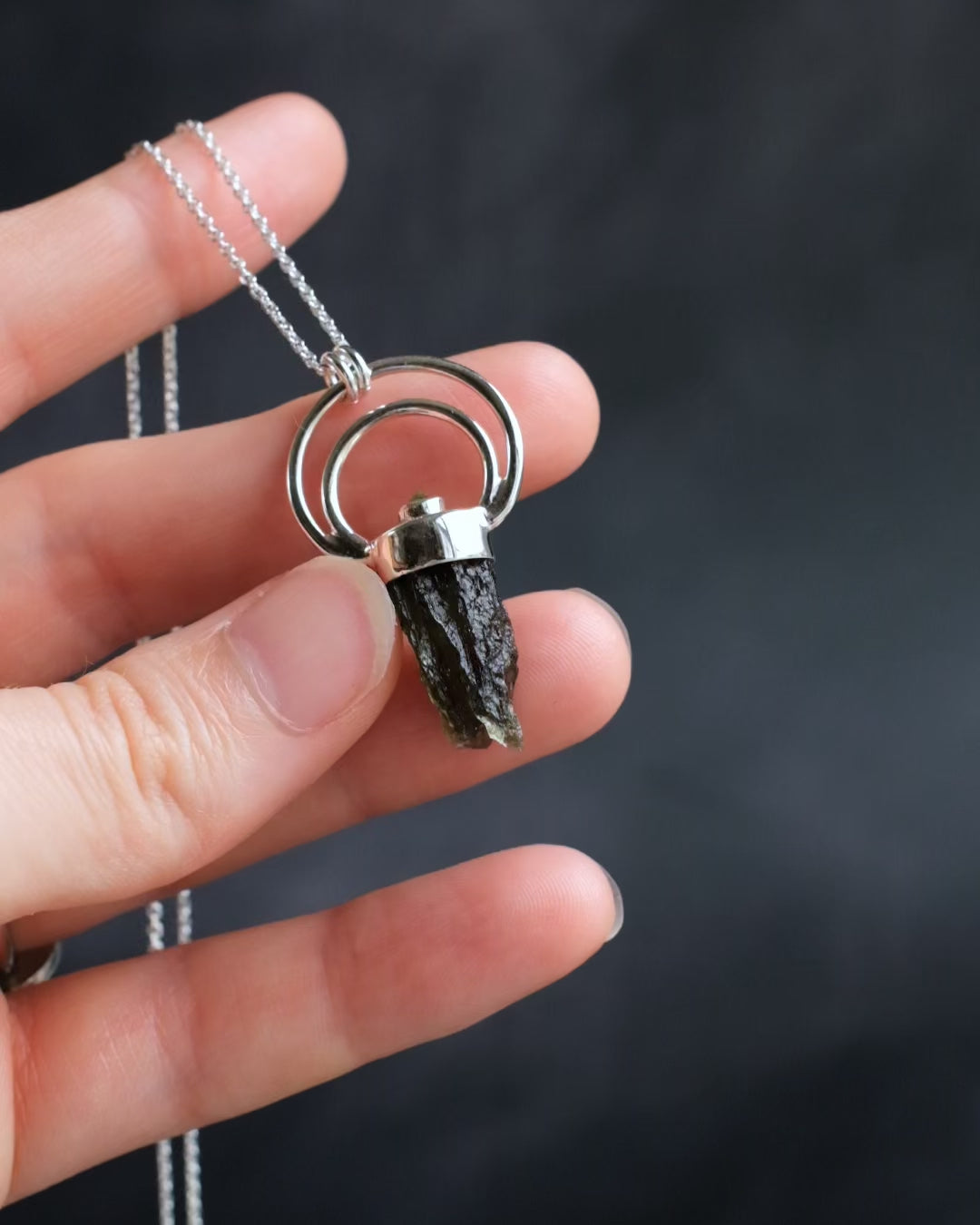Raw Moldavite &amp; Peridot Moon Bail Sterling Silver Necklace