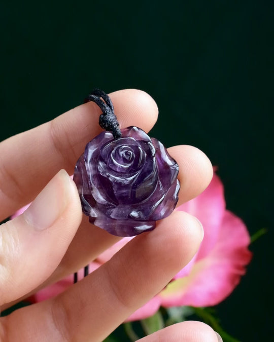 Amethyst Hand Carved Rose Necklace