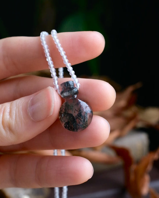 Potion for Sacred Grounding: Moss Agate & Rainbow Moonstone Beaded Necklace