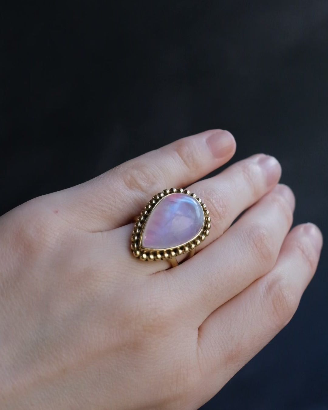 Pink Moonstone Teardrop Ring in Gold Vermeil - Size 6 US / M UK