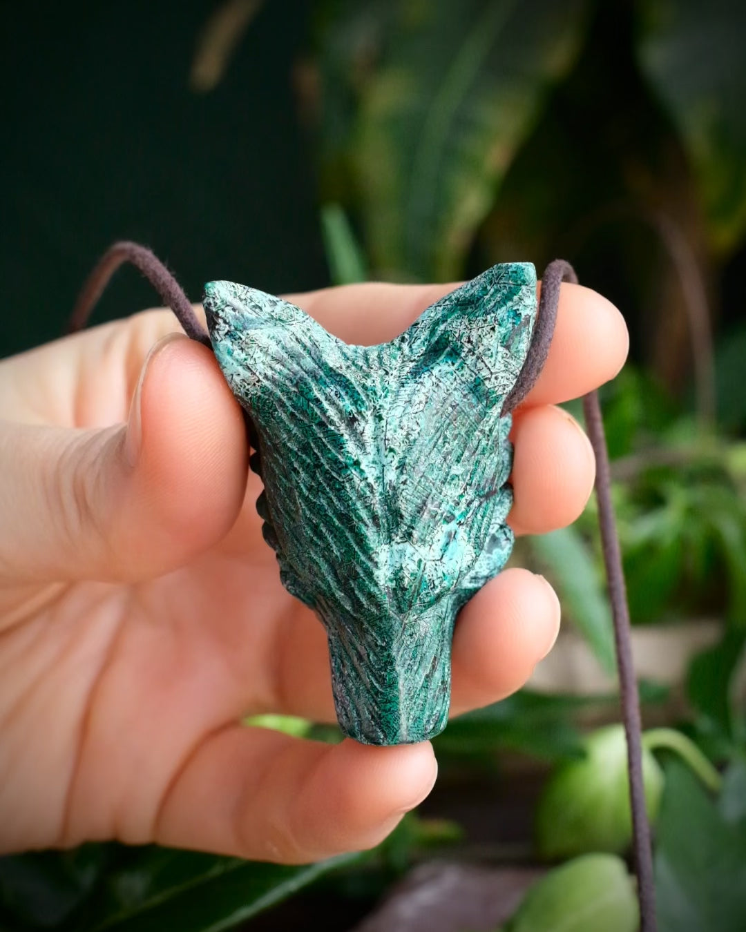Large Rainbow Chrysocolla Hand Carved Wolf Necklace