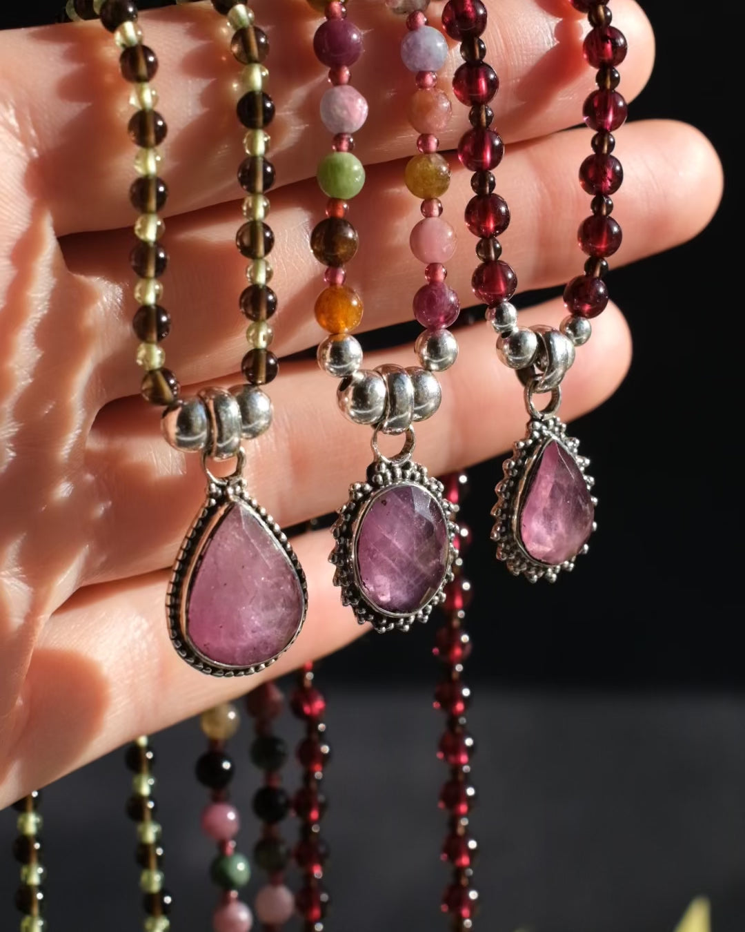 Pink Tourmaline, Multi Tourmaline &amp; Garnet Beaded Sterling Silver Necklace