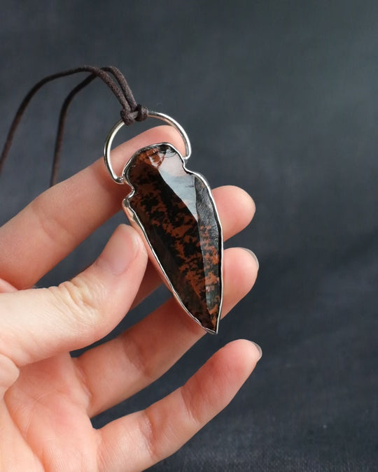 Mahogany Obsidian Hand Knapped Arrowhead Sterling Silver Necklace