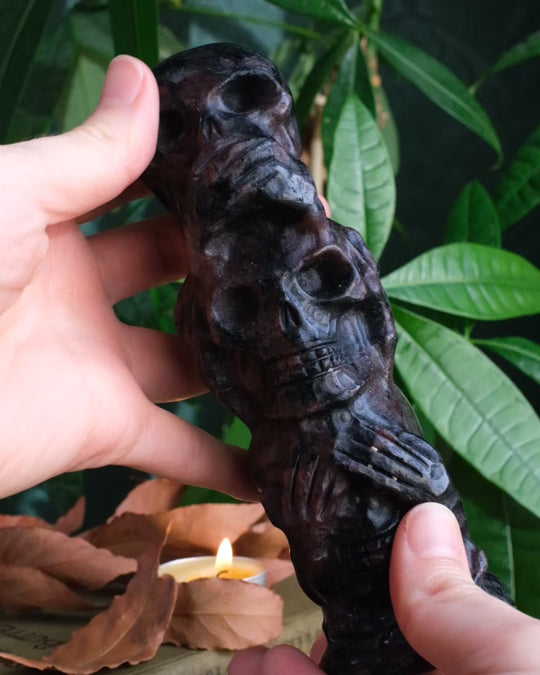 Garnet &amp; Astrophyllite Ornamental Hand Carved Triple Skull Tower 757g - The Healing Pear