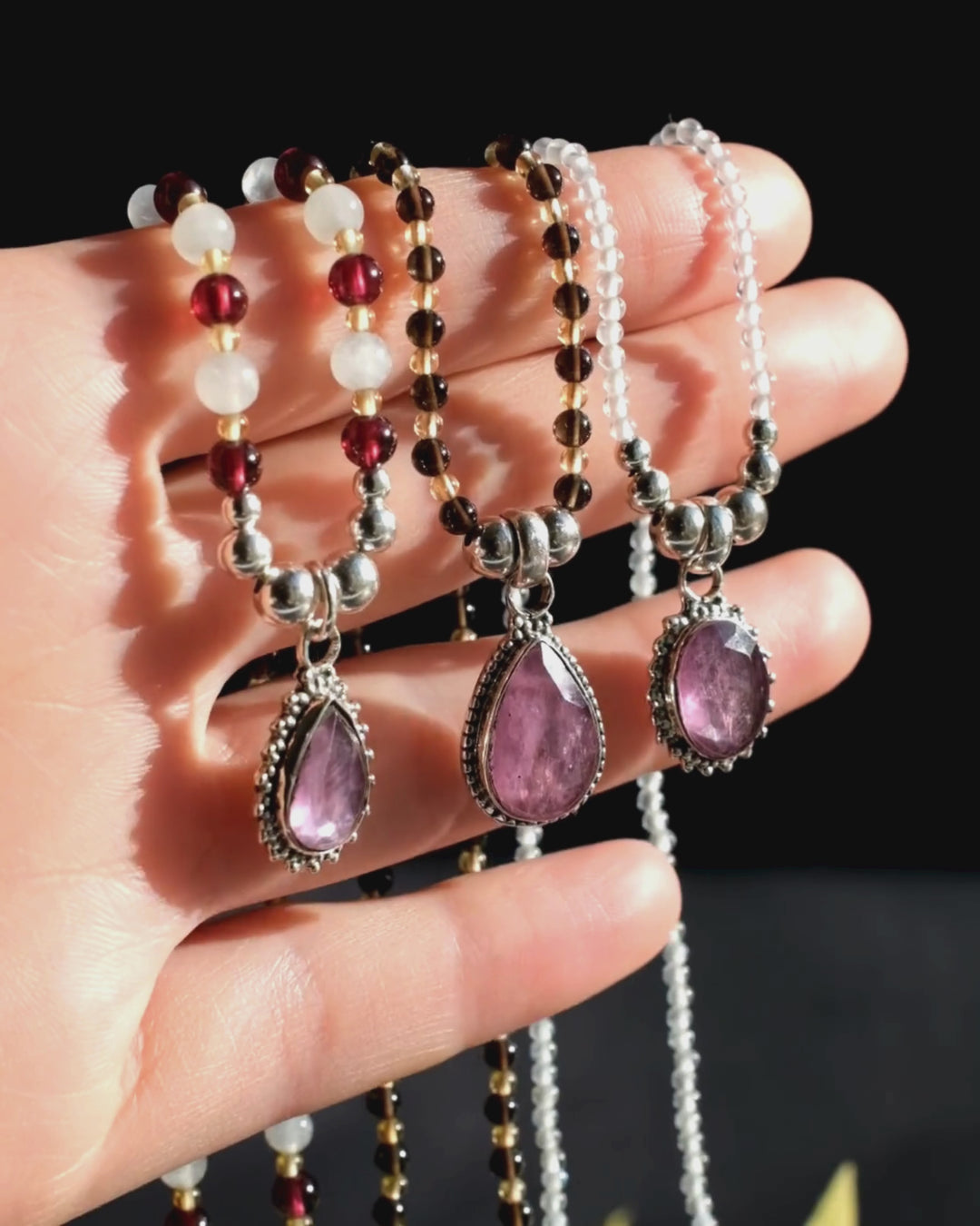 Pink Tourmaline &amp; Clear Quartz Beaded Sterling Silver Necklace
