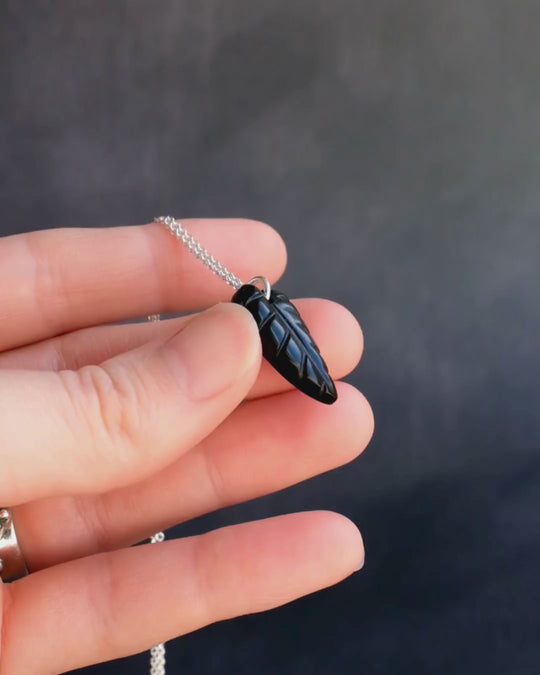 Obsidian Hand Carved Leaf Necklace