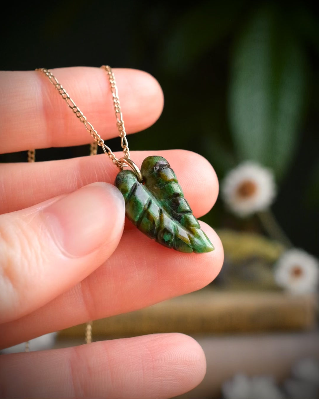 Chrysocolla Hand Carved Leaf Necklace