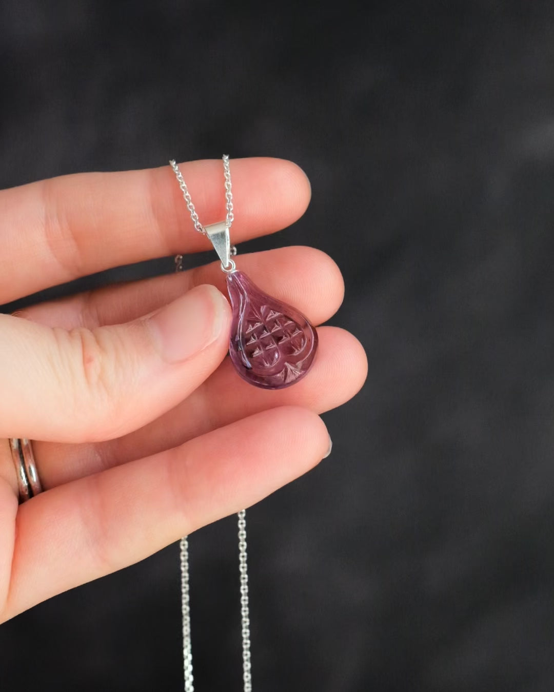 Hand Carved Amethyst Fig Necklace