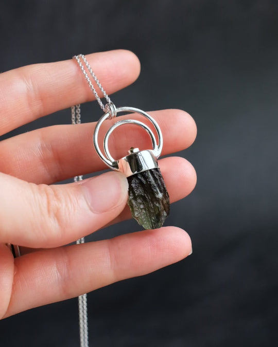 Raw Moldavite &amp; Peridot Moon Bail Sterling Silver Necklace