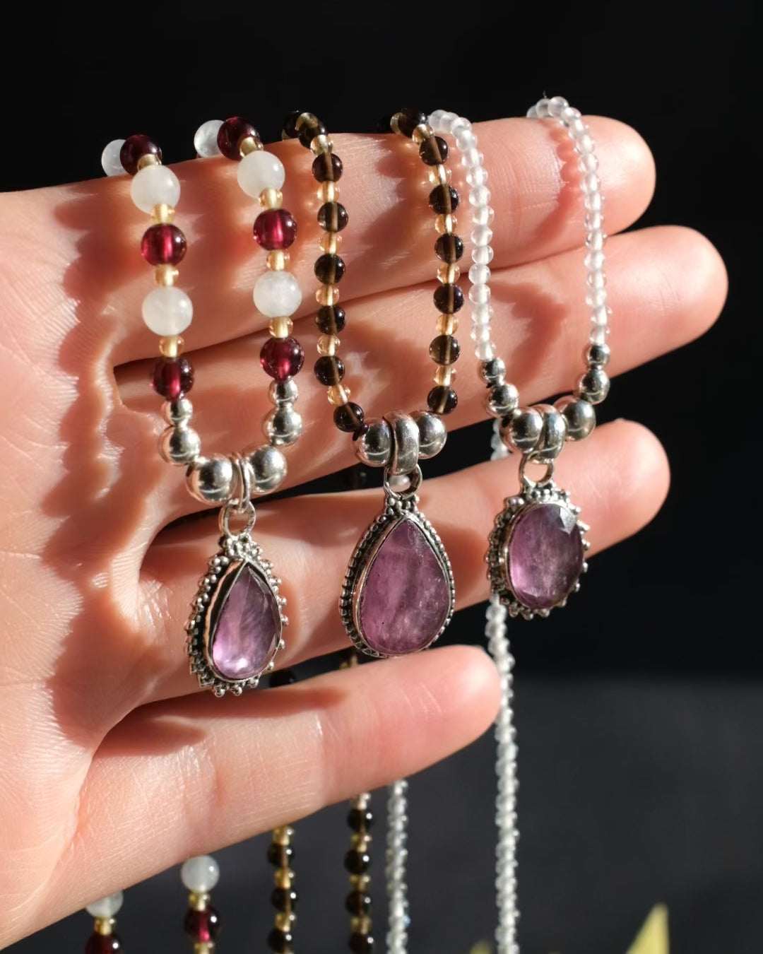 Pink Tourmaline &amp; Moonstone Beaded Sterling Silver Necklace