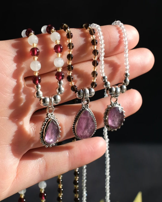 Pink Tourmaline &amp; Moonstone Beaded Sterling Silver Necklace