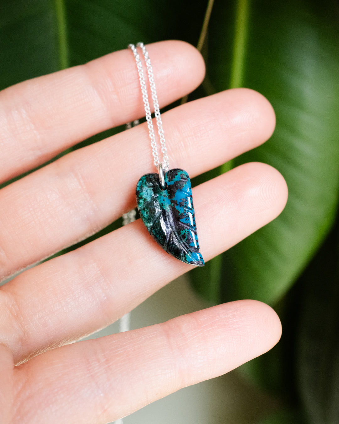Rainbow Chrysocolla Hand Carved Leaf Necklace - The Healing Pear