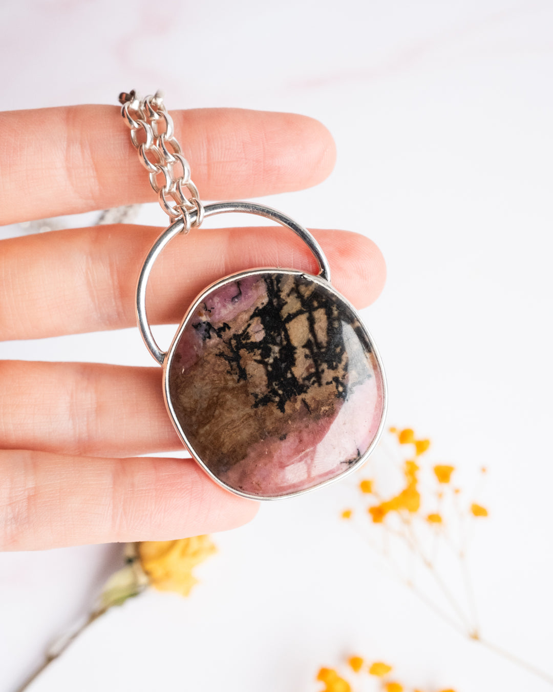 Rhodonite Pebble Sterling Silver Necklace - The Healing Pear