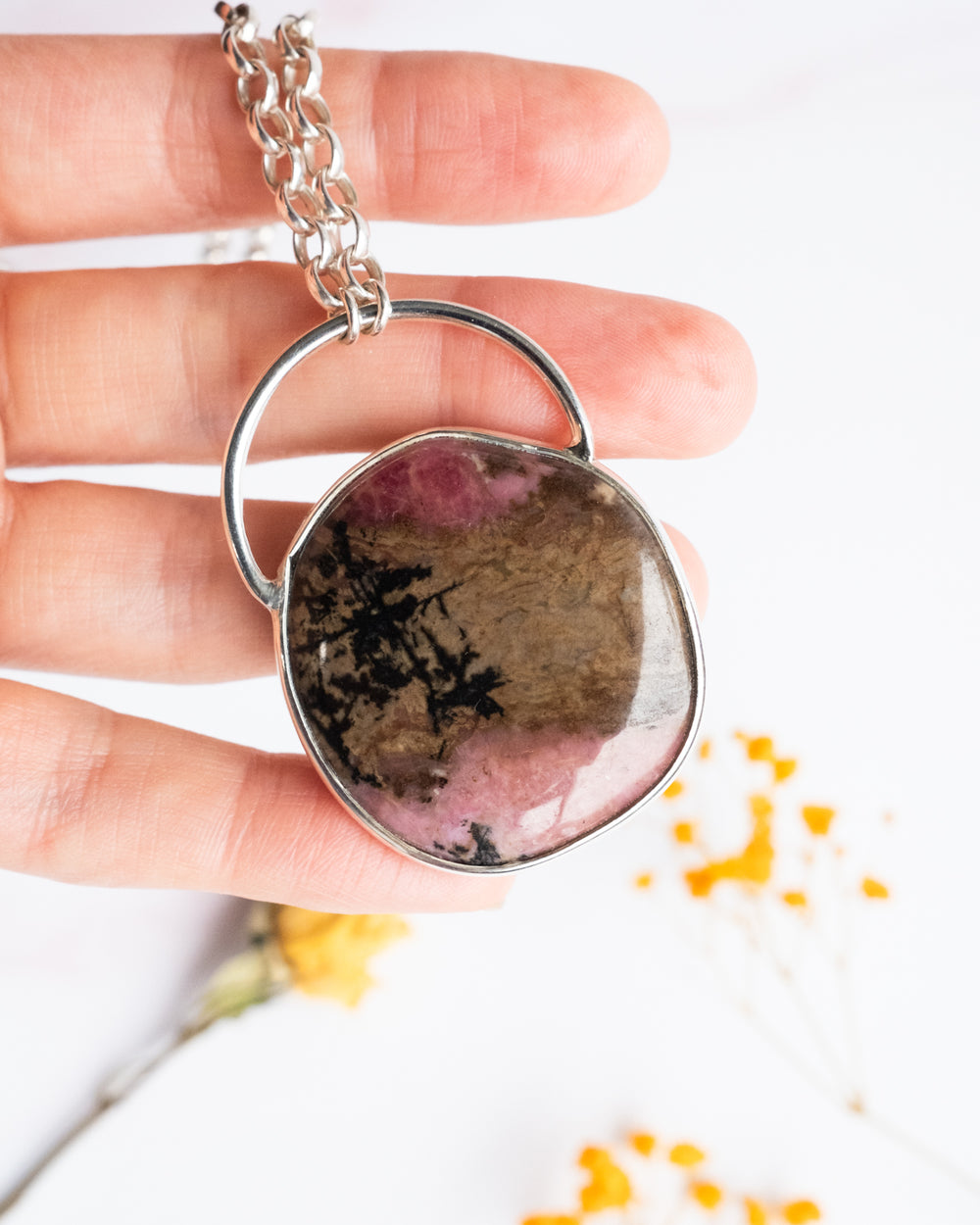 Rhodonite Pebble Sterling Silver Necklace - The Healing Pear