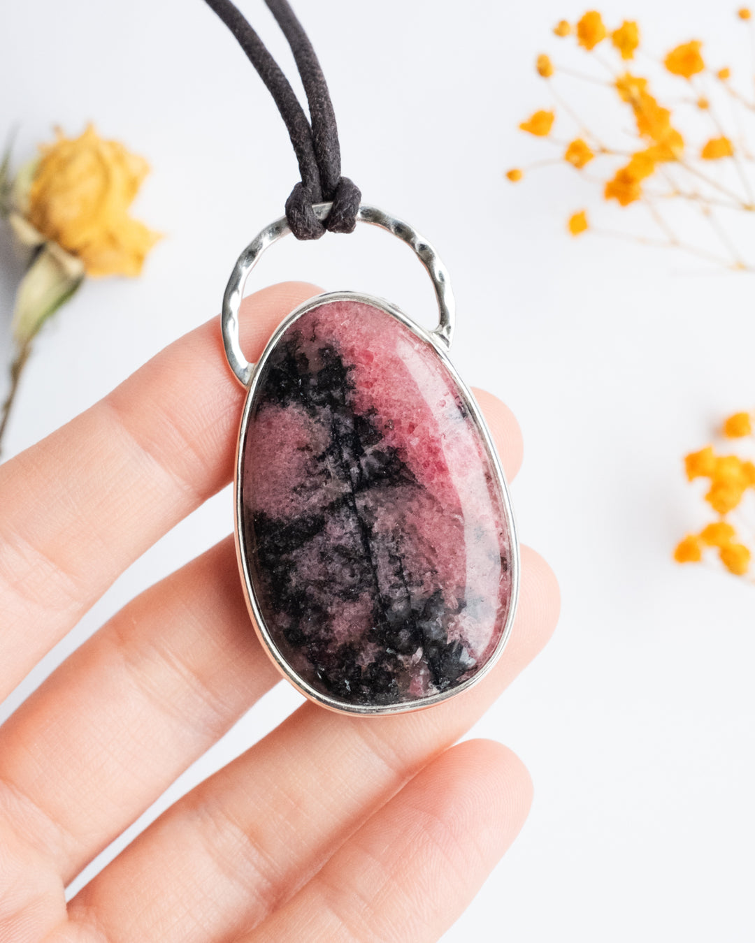 Rhodonite Pebble Sterling Silver Necklace - The Healing Pear