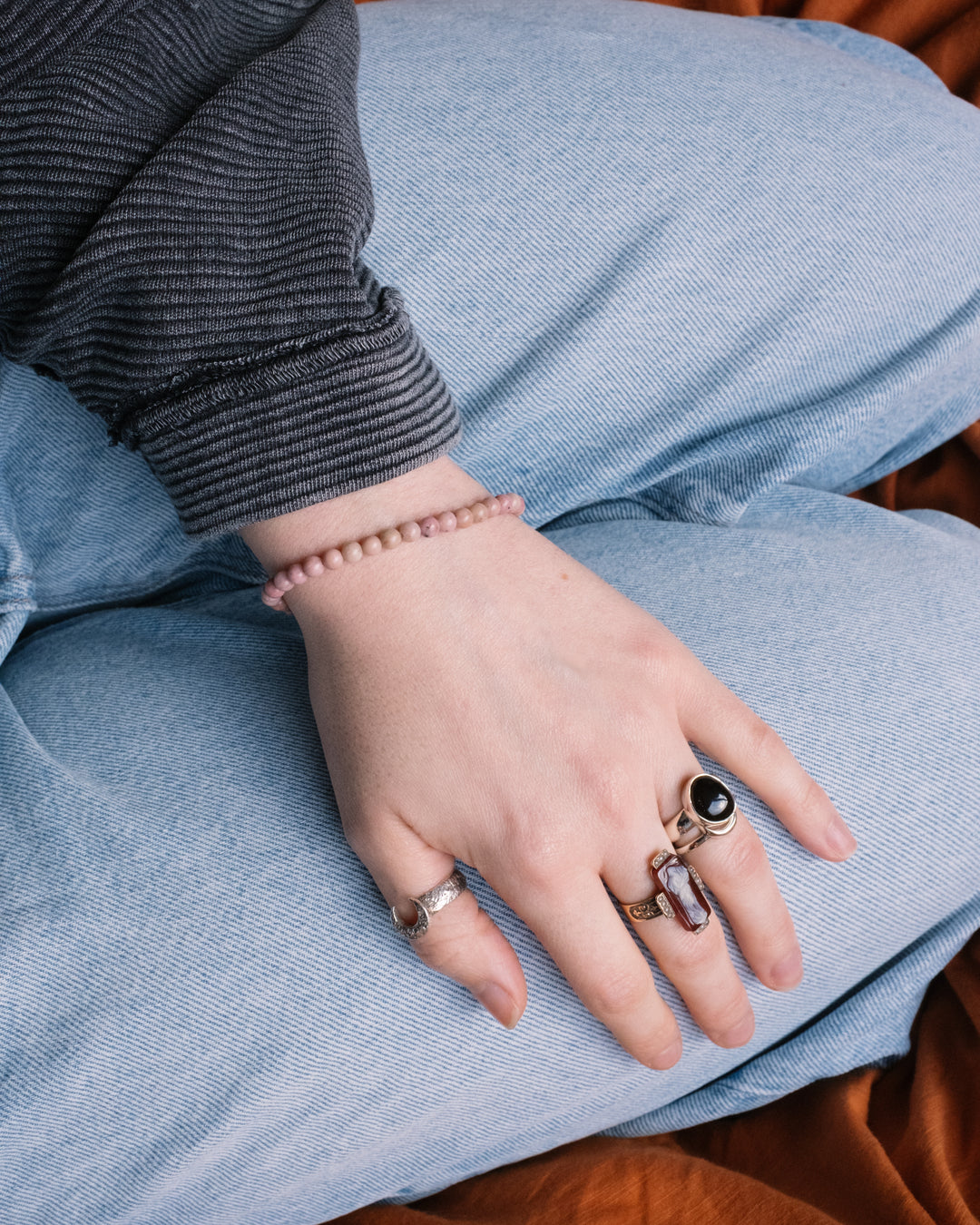Rhodonite Round Bead Bracelet 4mm