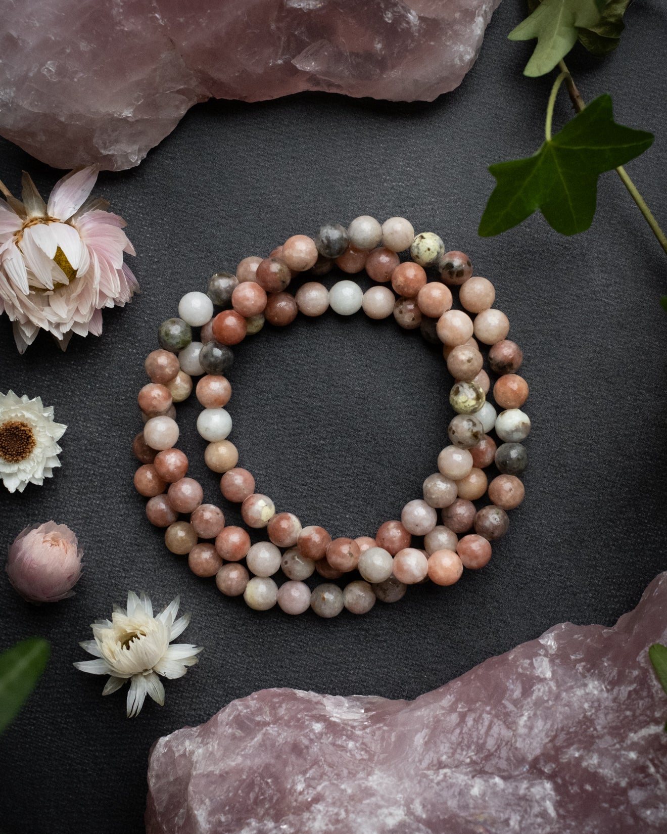Pink & Yellow Rhodonite Round Bead Bracelet 6mm - The Healing Pear