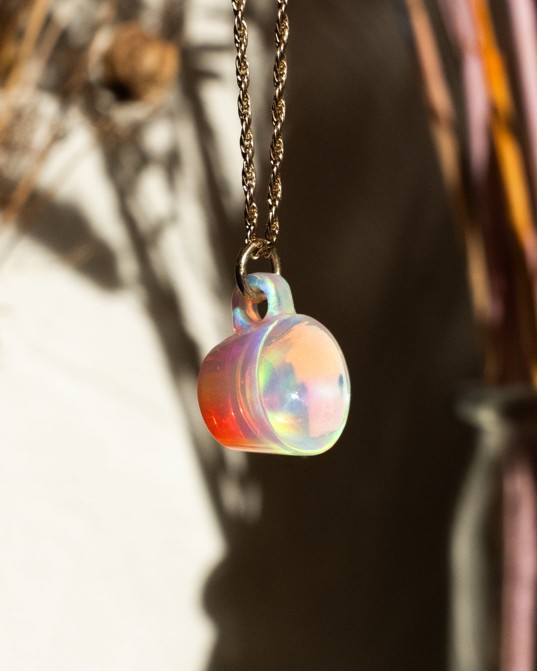 Rose Aura Opal Hand Carved Mug Necklace - The Healing Pear